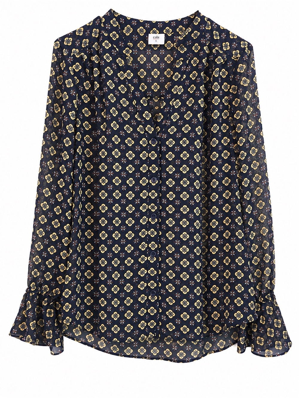 Cabi Sheer Floral Button Front Blouse Bell Sleeve Boho Navy Blue Size Large